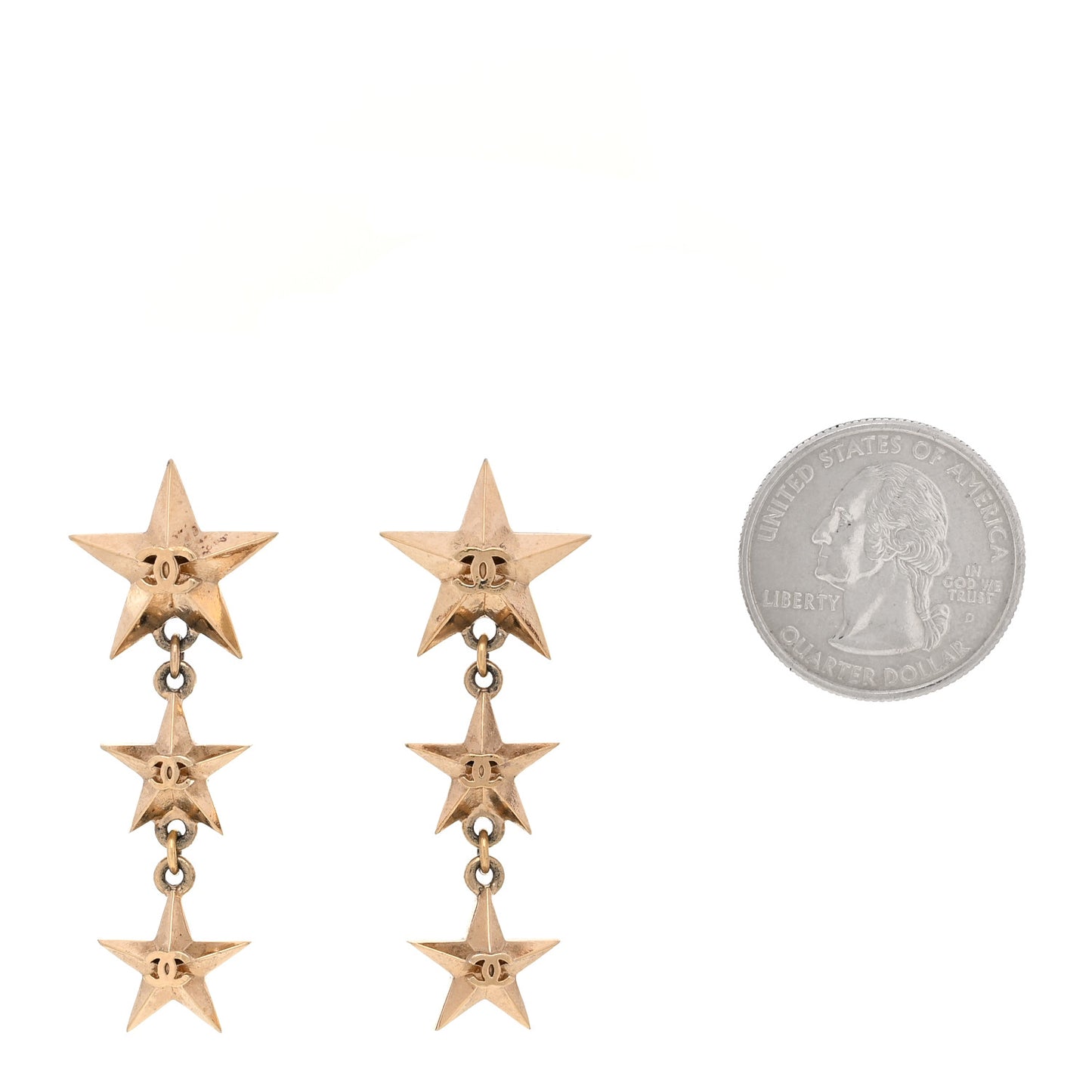 Metal CC Triple Star Drop Earrings Gold