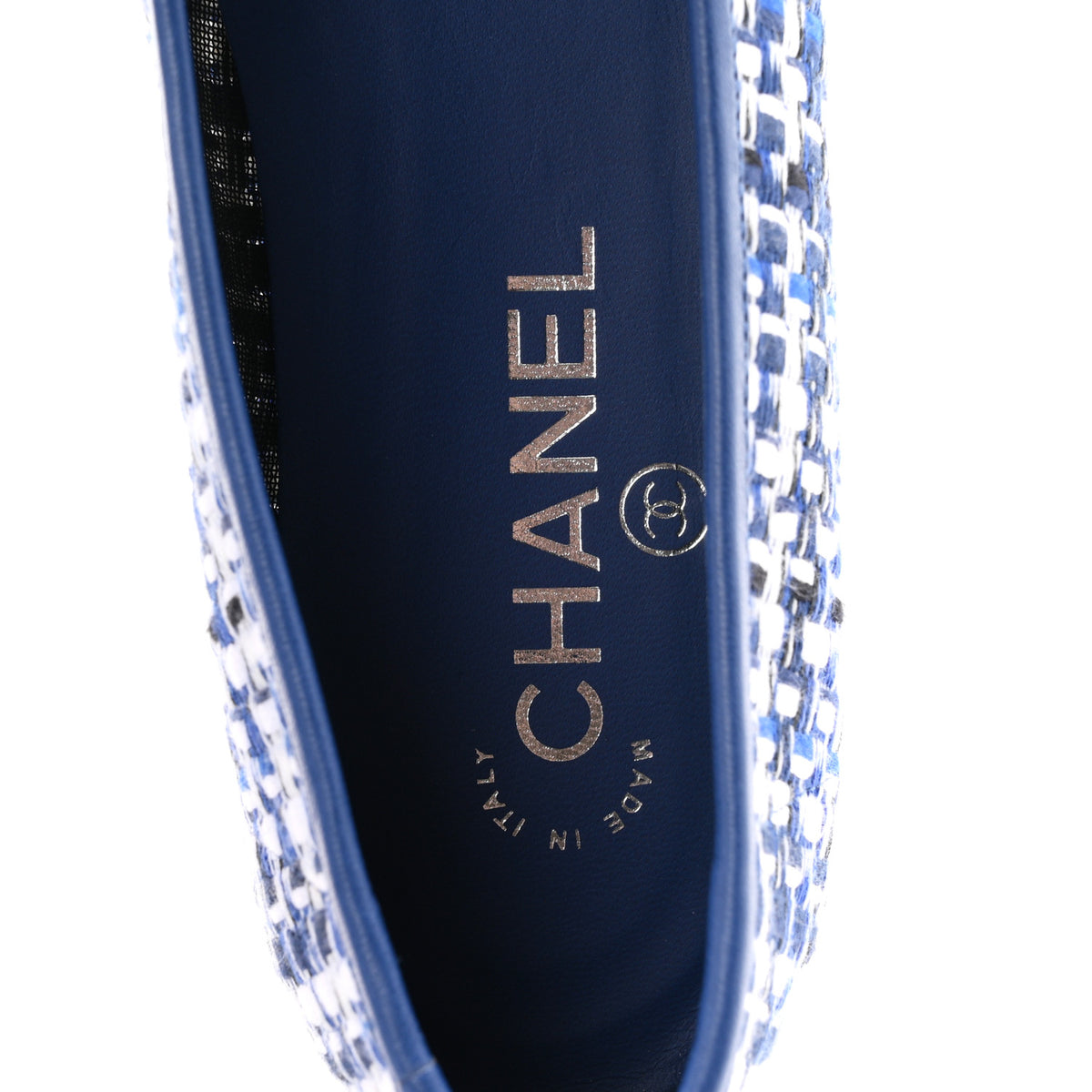 Tweed Lambskin CC Cap Toe Ballerina Flats 37.5 White Blue