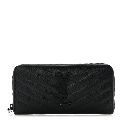 Saint Laurent Grain De Poudre Matelasse Chevron Monogram Monochrome Zip Around Wallet Black 1 of 10