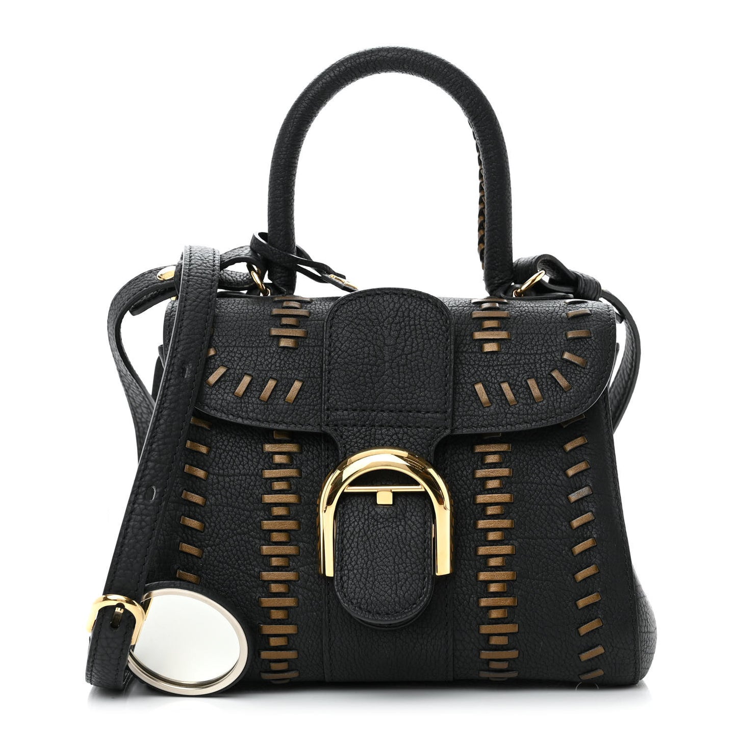 Crispy Calfskin Tribal Stitch Mini Brillant Satchel Black Bronze