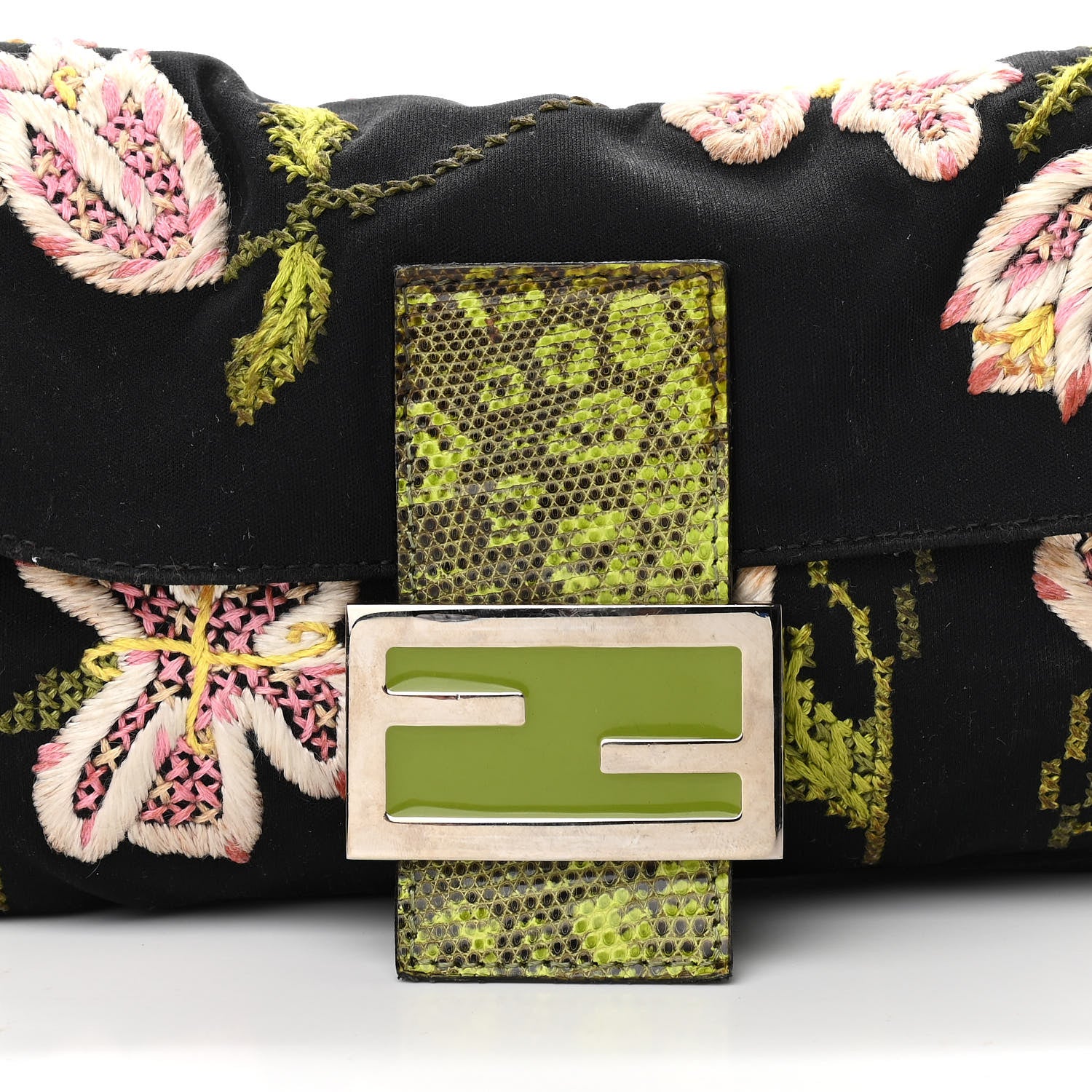 Fendi Canvas Lizard Embroidered Flower Baguette Black Multicolor 7 of 12