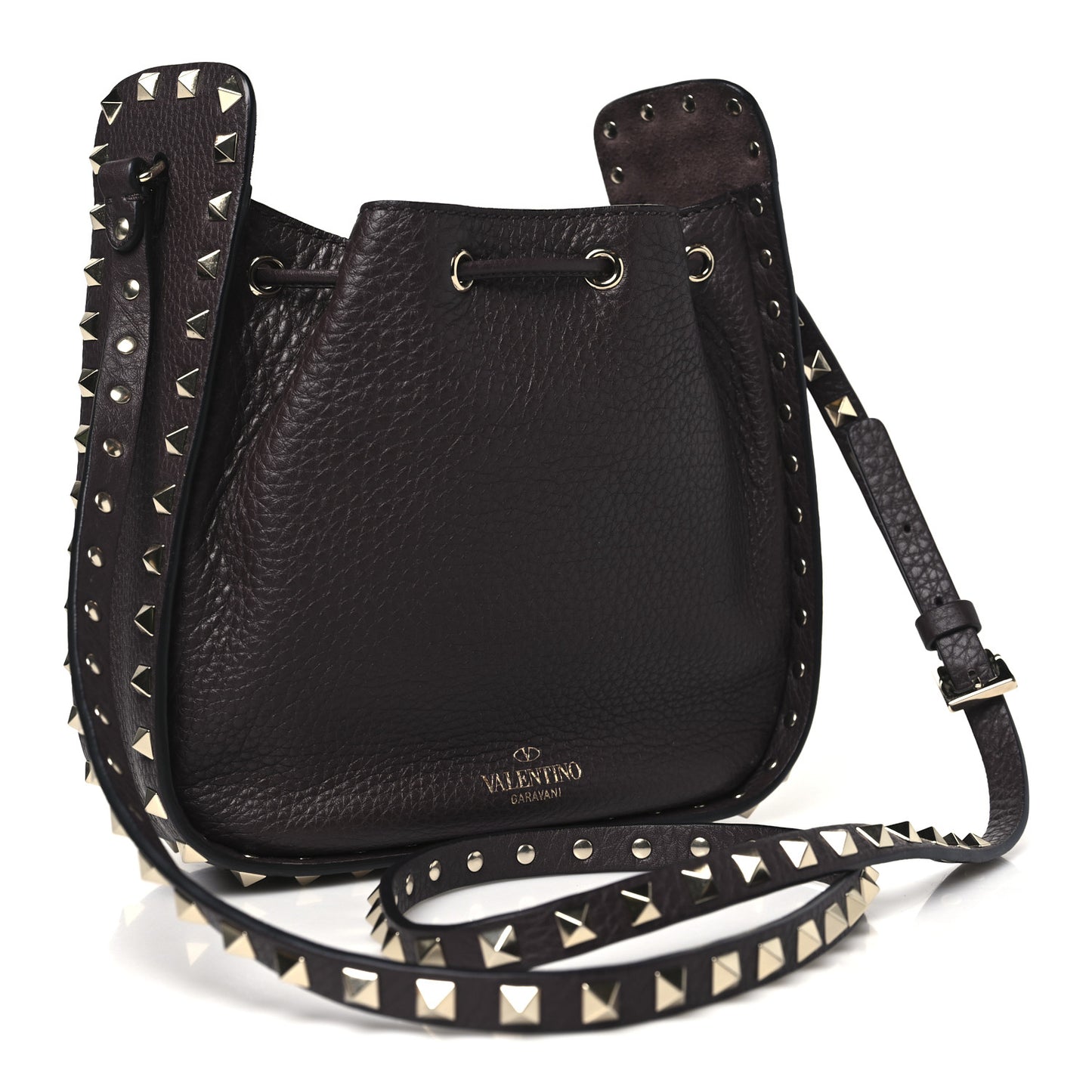 Grained Calfskin Rockstud Bucket Bag Vinaccia