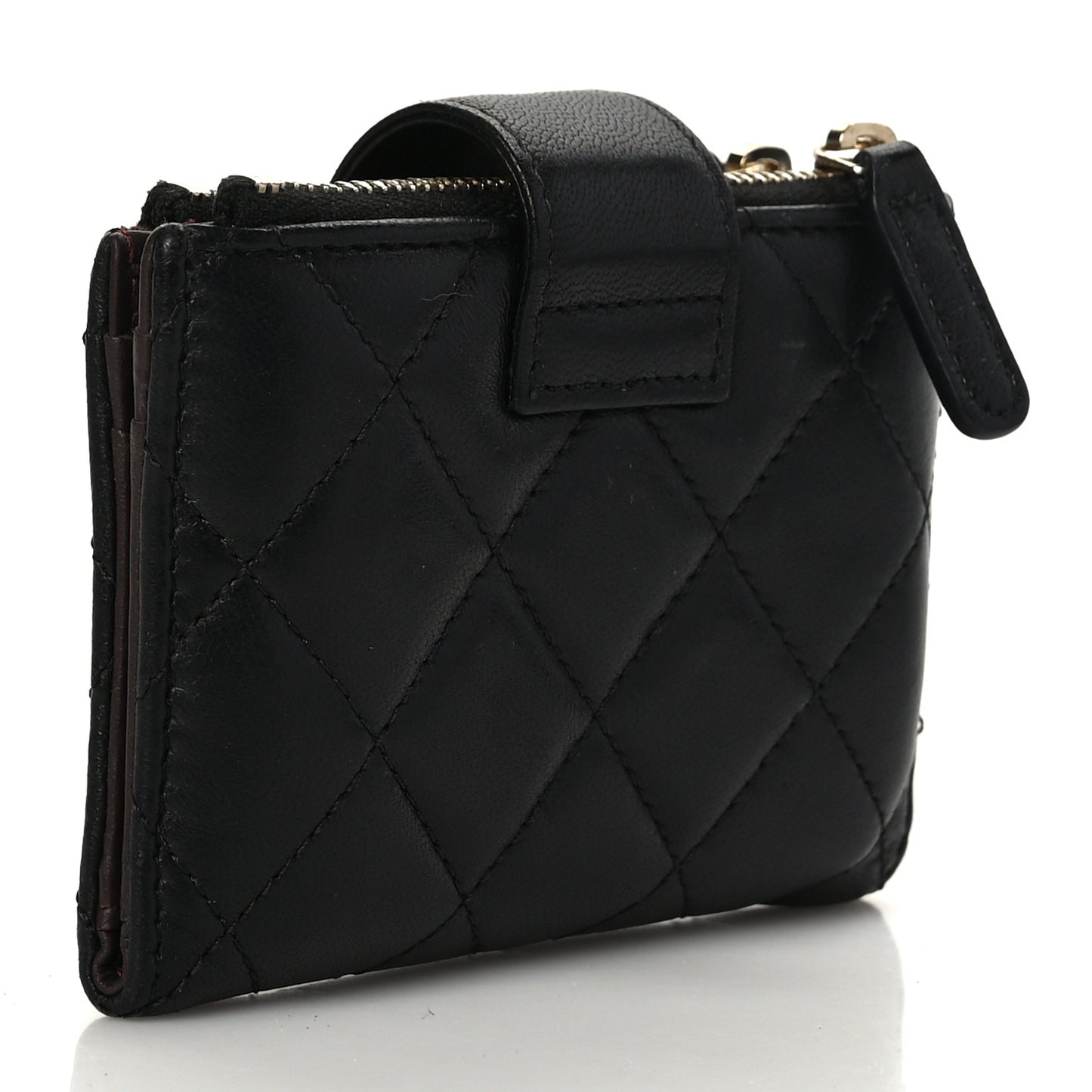 Lambskin Quilted Compact Zipped Pocket Wallet Black