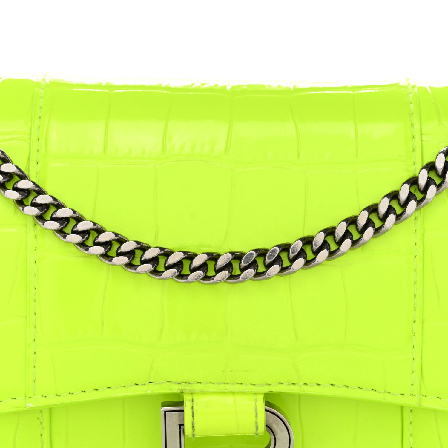 Balenciaga Shiny Calfskin Crocodile Embossed Hourglass Chain Bag Fluo Yellow 7 of 9