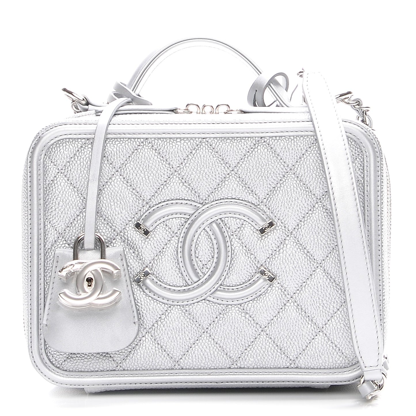Metallic Caviar Quilted Medium CC Filigree Vanity Case Silver