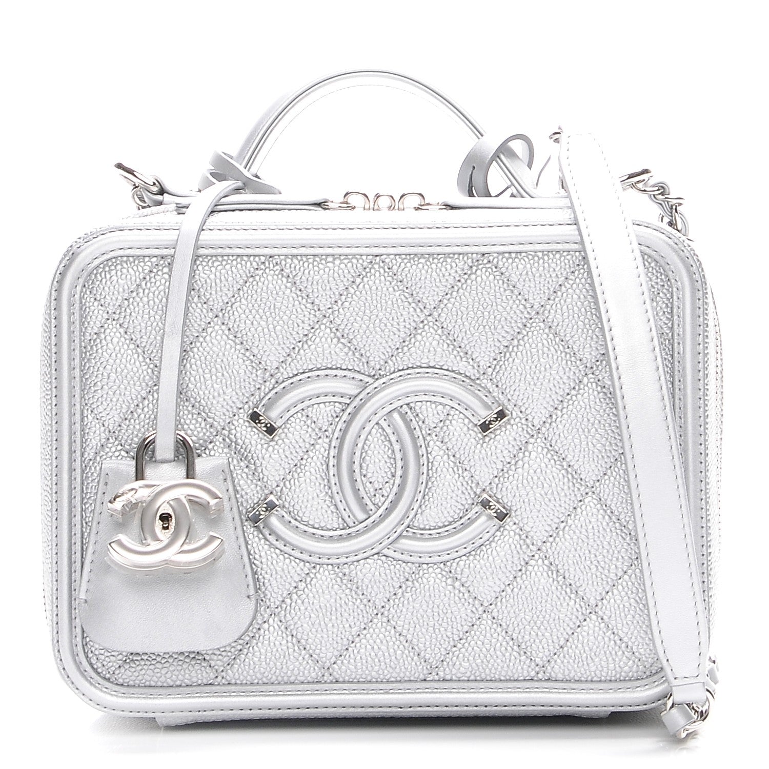 Chanel Metallic Caviar Quilted Medium CC Filigree Vanity Case Silver 1 of 9
