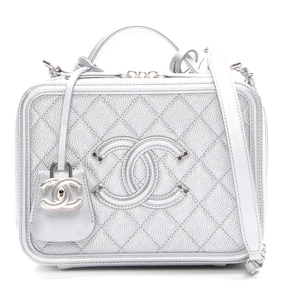 Chanel Metallic Caviar Quilted Medium CC Filigree Vanity Case Silver 1 of 9