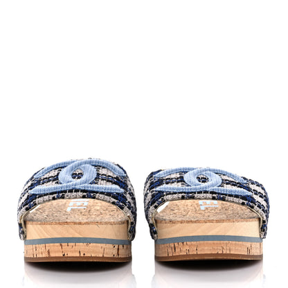 Chanel Tweed Mixed Fibers Cork CC Mule Sandal 37 Navy Blue White Blue 2 of 8