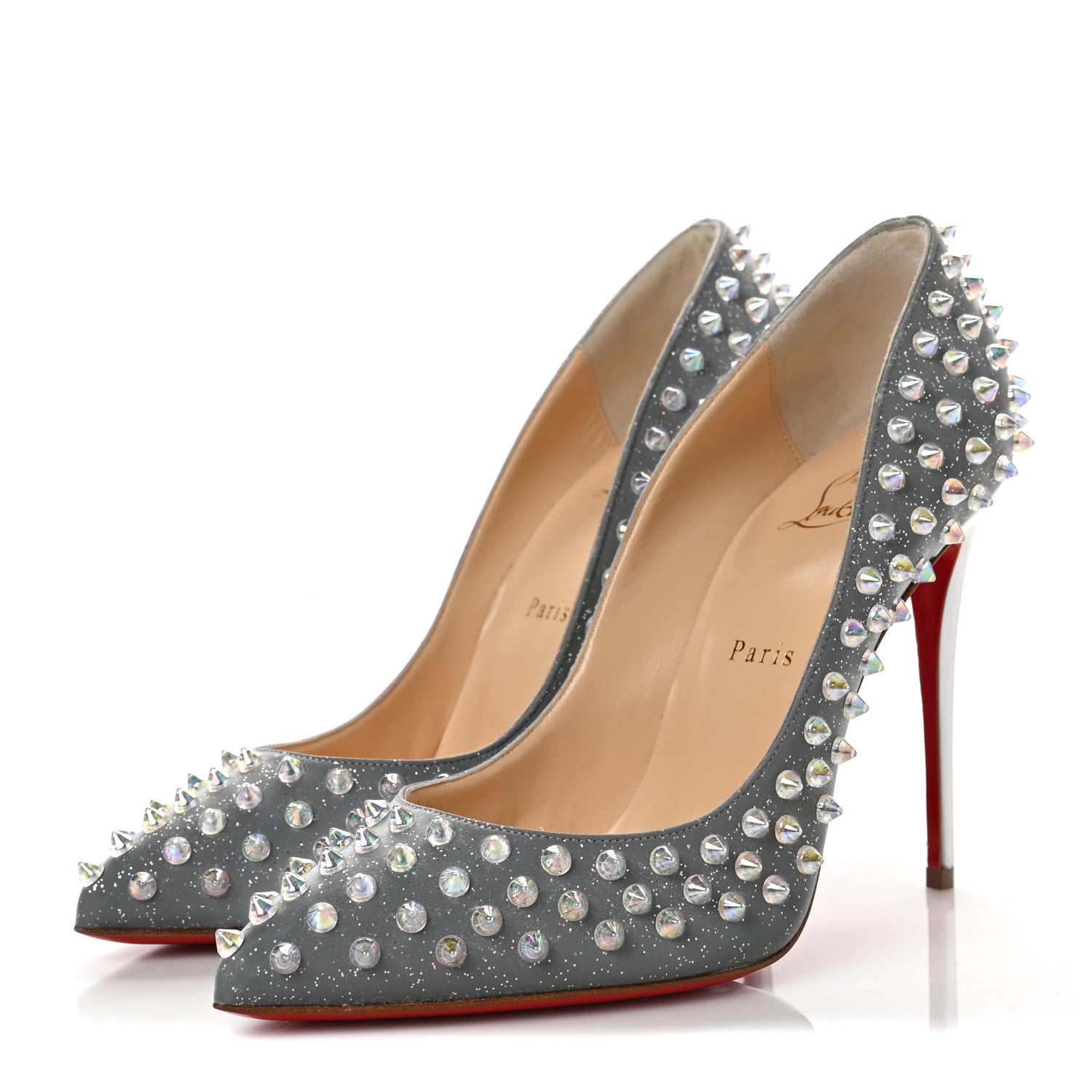 Christian Louboutin Glitter Tissu Reflex Follies Spikes 100 Pumps 39 Reflective Silver 3 of 7