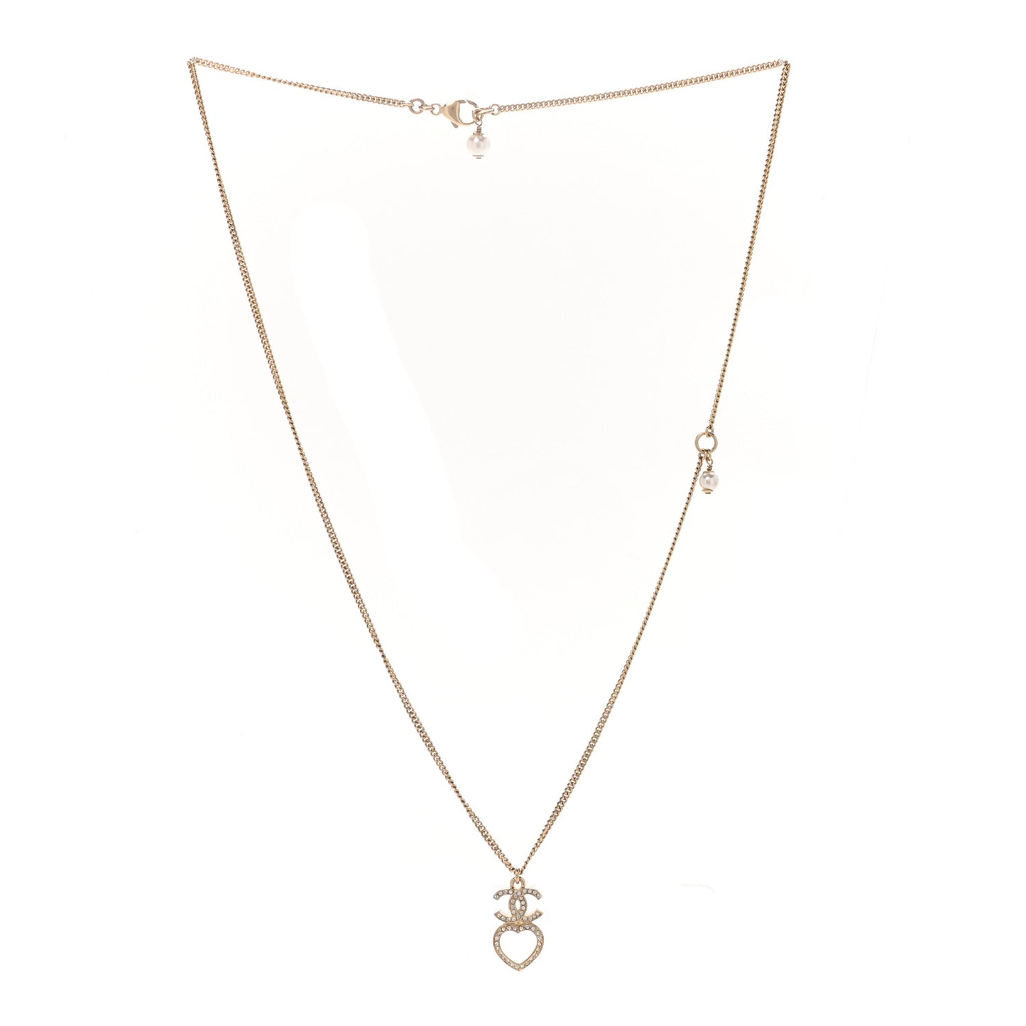 Crystal Pearl CC Heart Drop Chain Necklace Gold