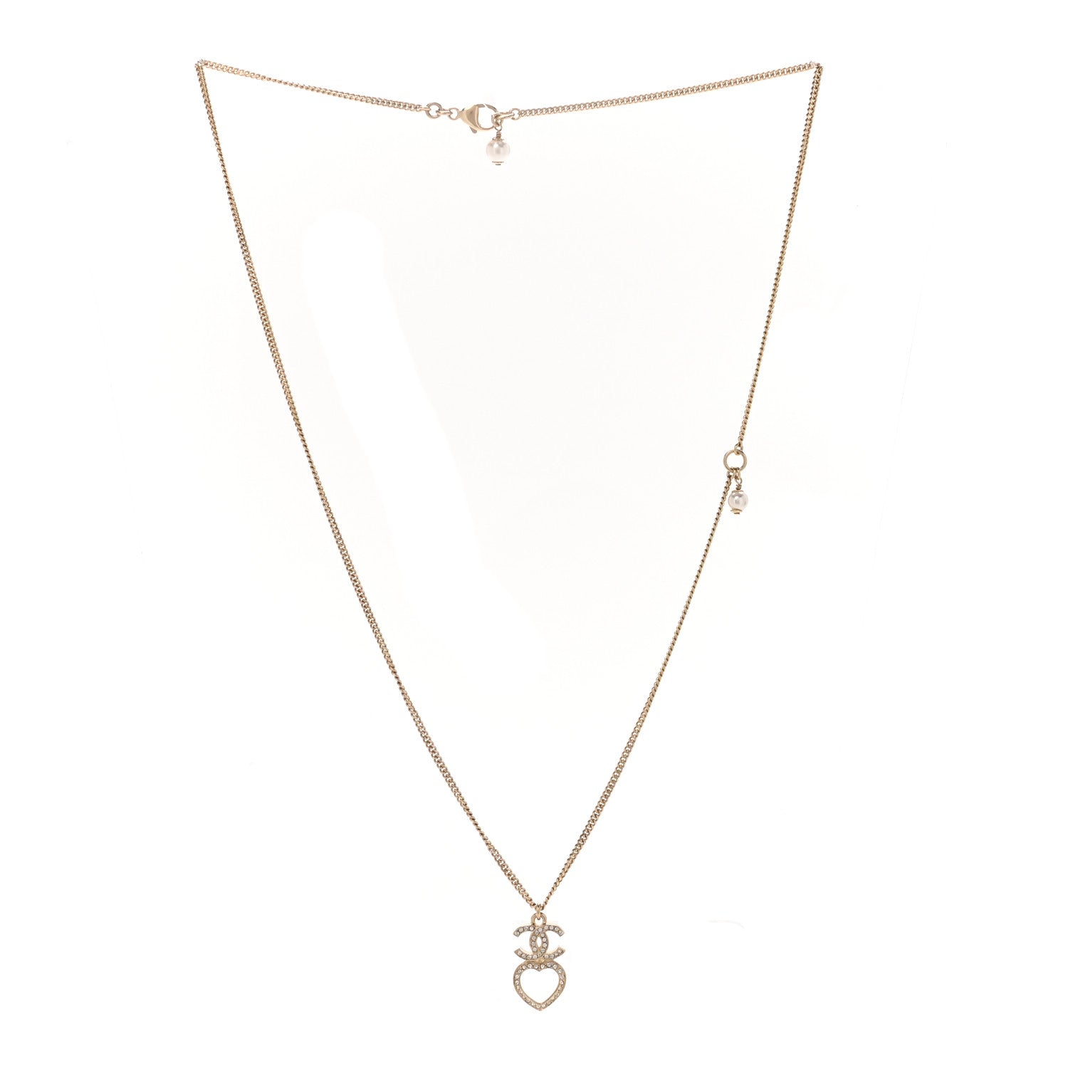 Chanel Crystal Pearl CC Heart Drop Chain Necklace Gold 3 of 7