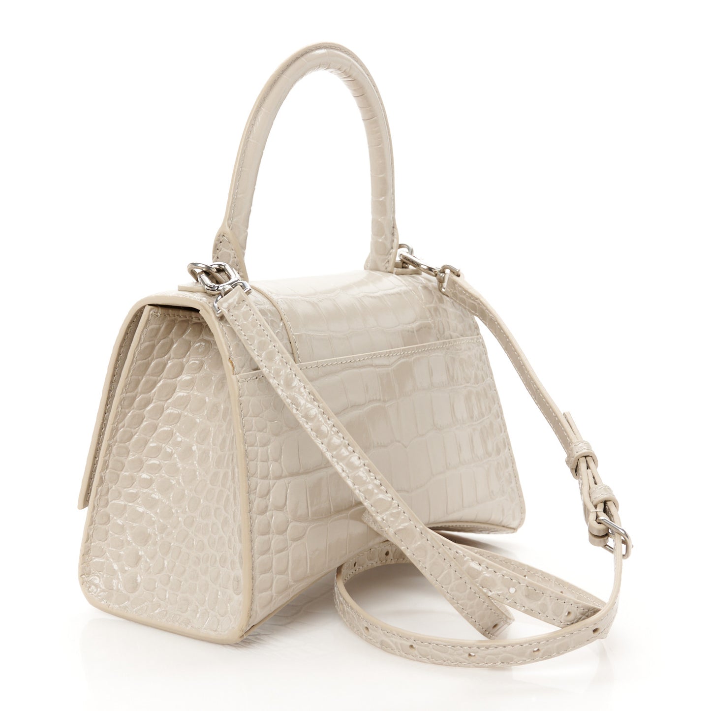 Shiny Calfskin Crocodile Embossed Small Hourglass Top Handle Bag Cold Beige