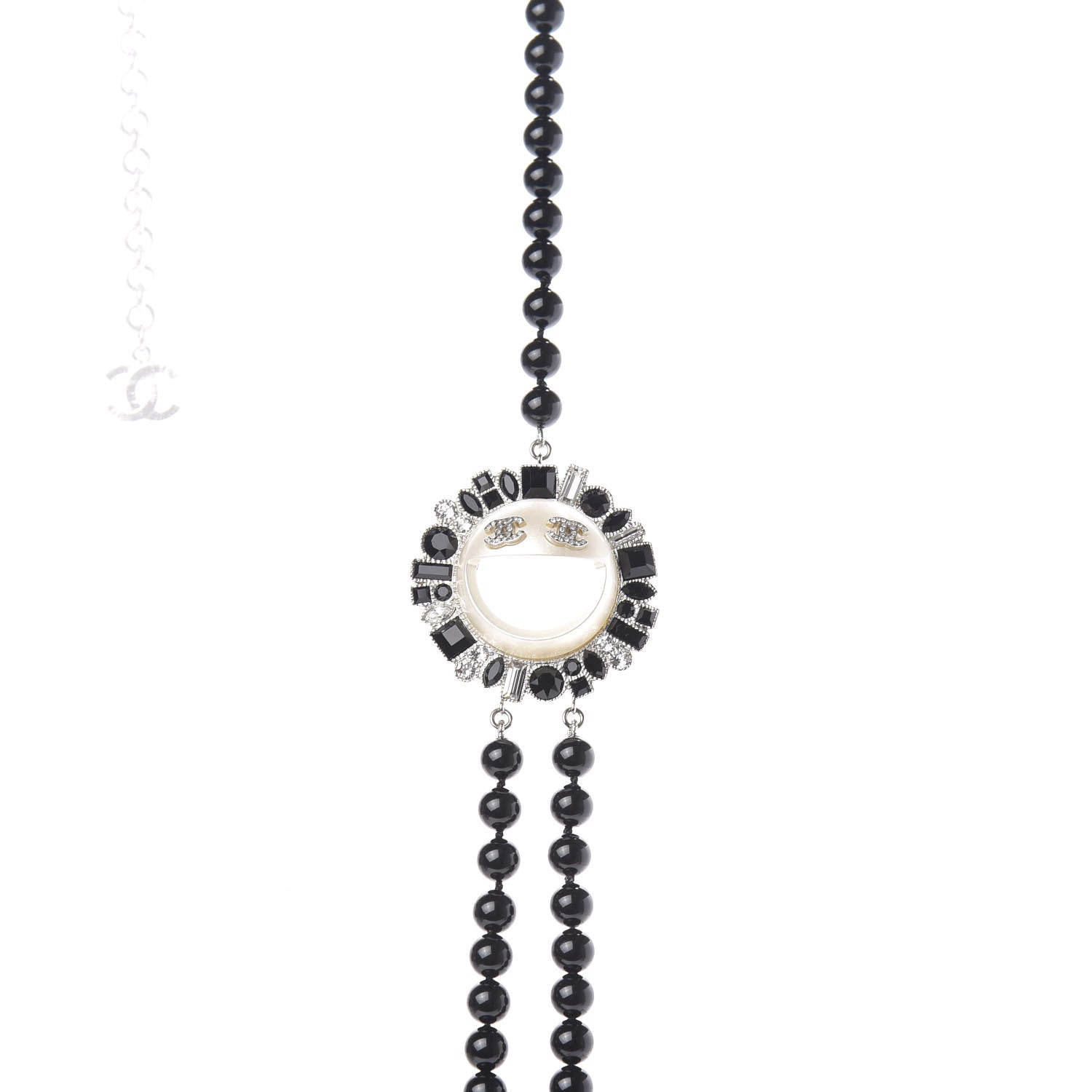 Chanel Bead Crystal Multi Strand CC Smiley Emoji Necklace Silver Black 4 of 6