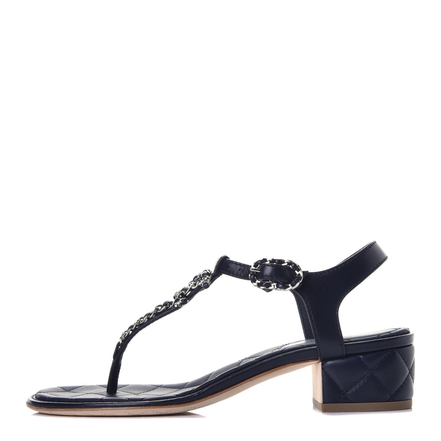 Lambskin Chain CC Logo Thong Sandals 36.5 Navy