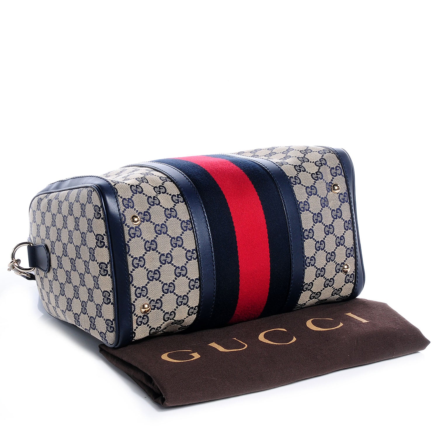 Gucci Monogram Selleria Calfskin Vintage Web Medium Boston Beige Blue 4 of 7