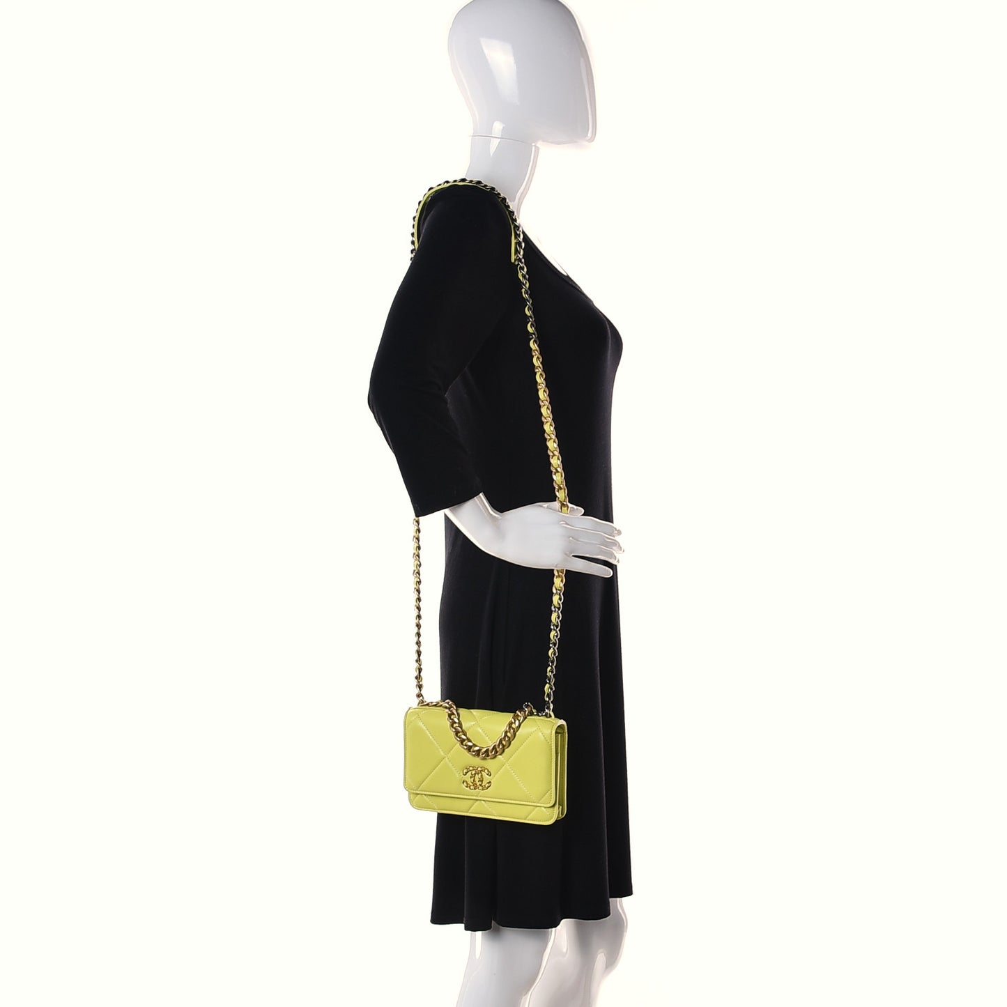 Shiny Lambskin Quilted Chanel 19 Wallet On Chain WOC Neon Yellow