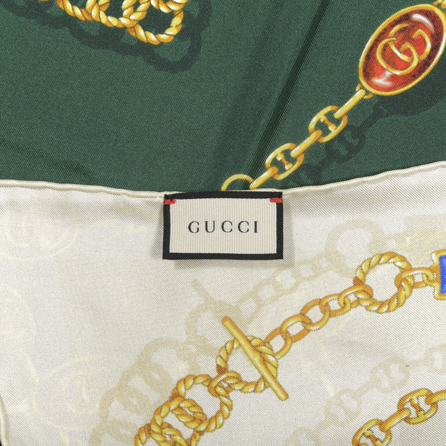 Gucci Silk Twill Chain Print Square Scarf Ivory Dark Green 3 of 3