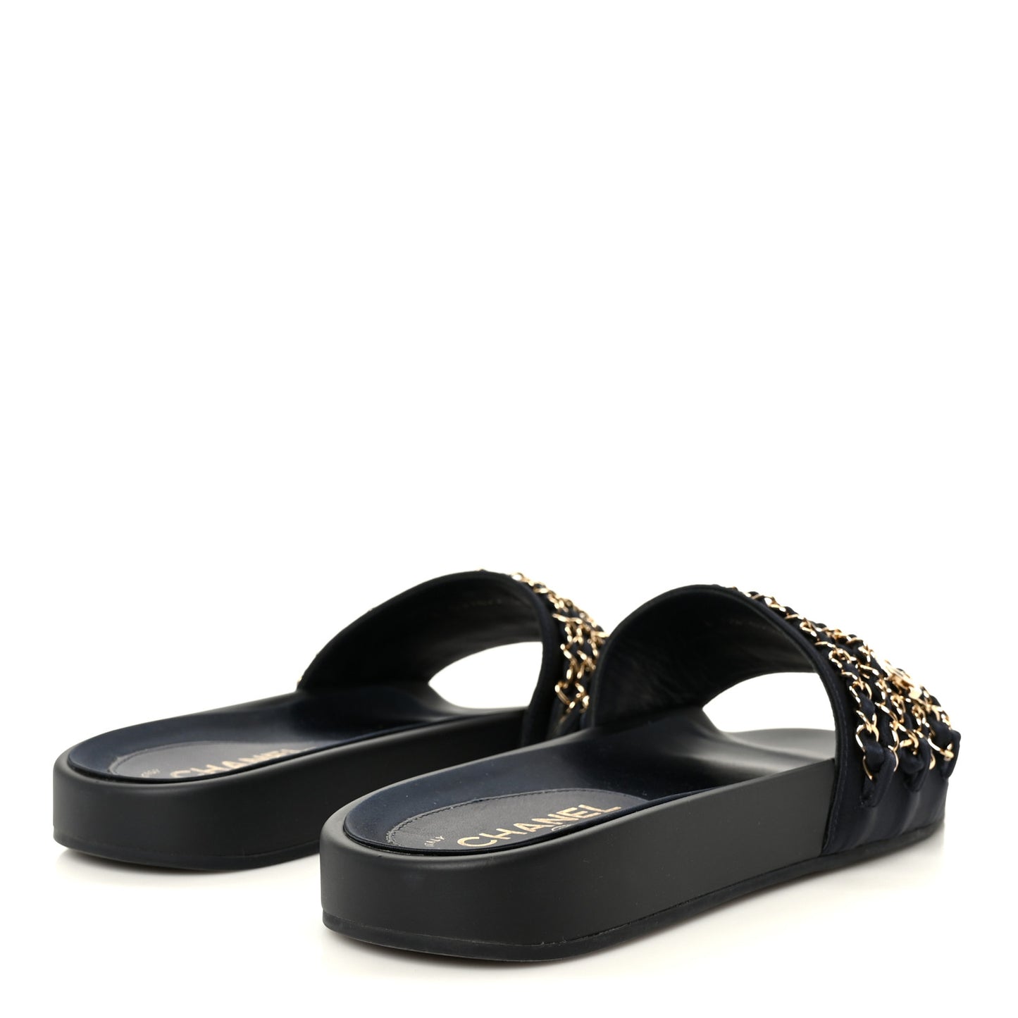 Satin Canvas Chain Slides Sandals Flats 39 Marine