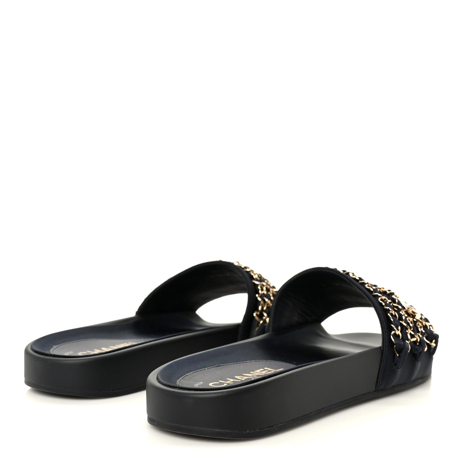 Chanel Satin Canvas Chain Slides Sandals Flats 39 Marine 5 of 10