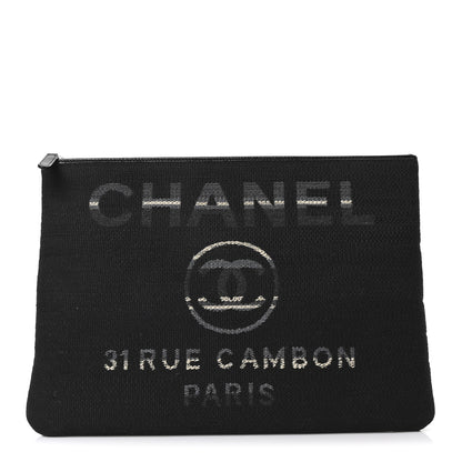 Chanel Striped Canvas Large Deauville Cosmetic Pouch Black 1 of 10