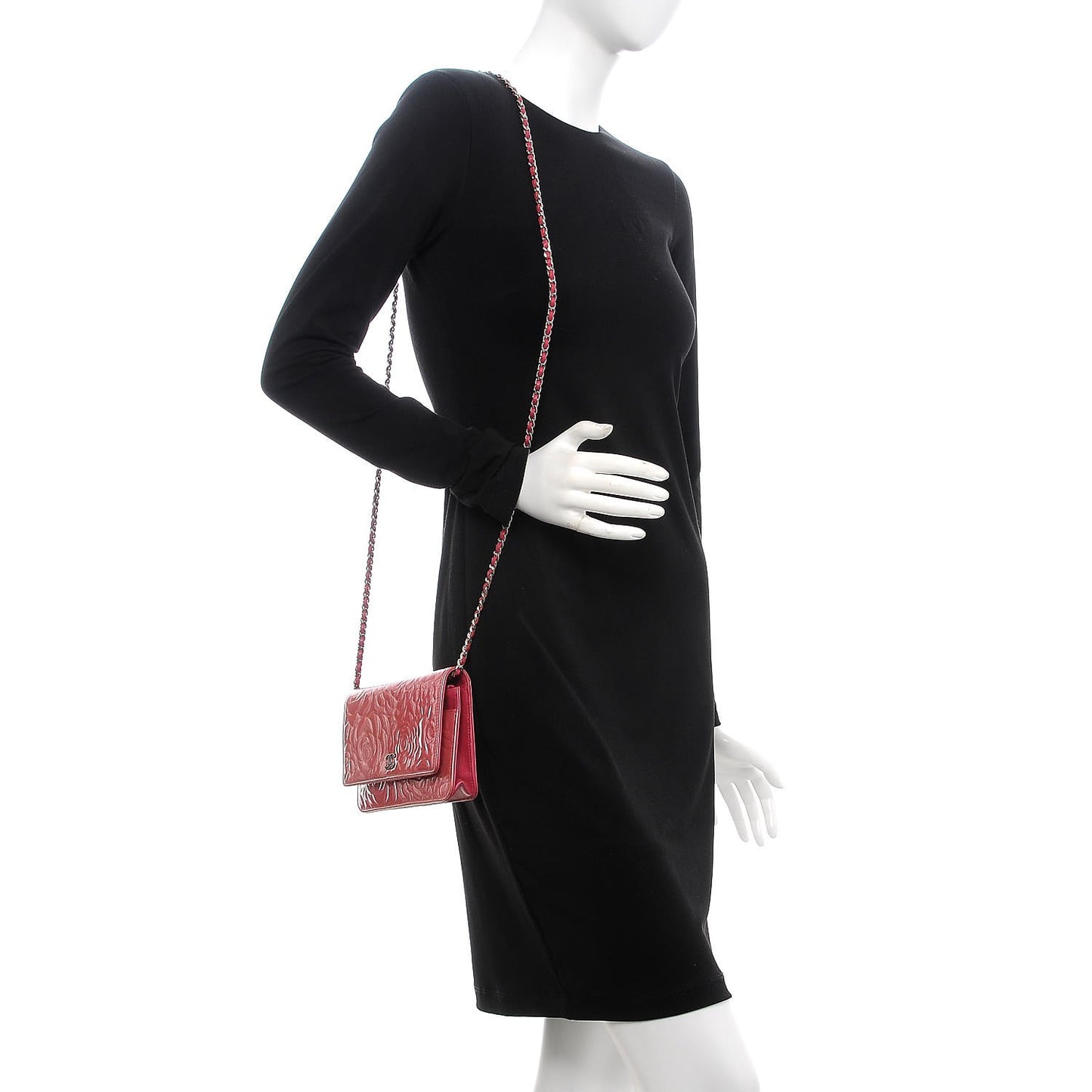 Patent Camellia Embossed Wallet on Chain WOC Rose