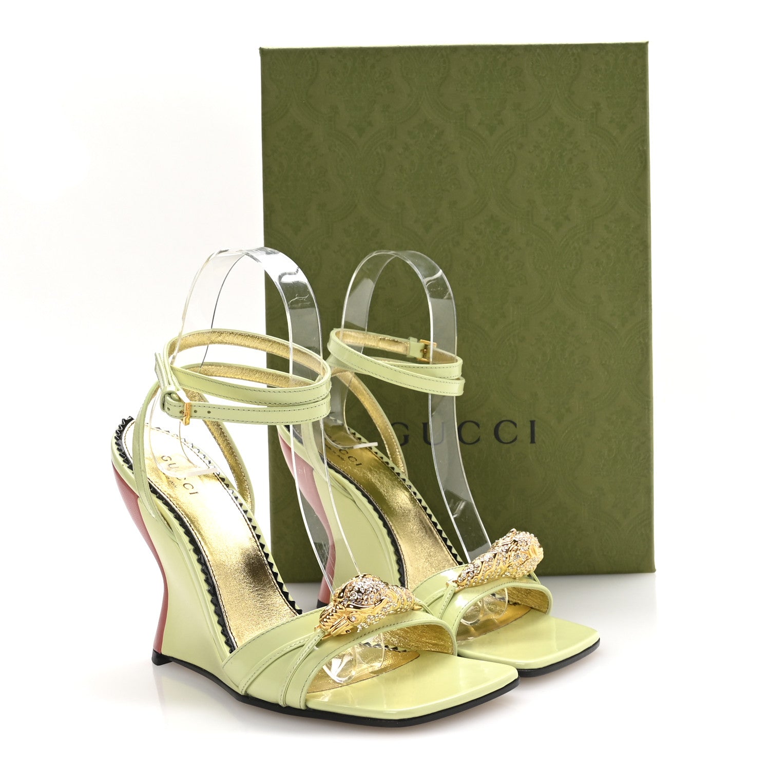 Gucci Regent Calfskin Crystal Snake Head Sandals 36 Pistachio Green 8 of 8