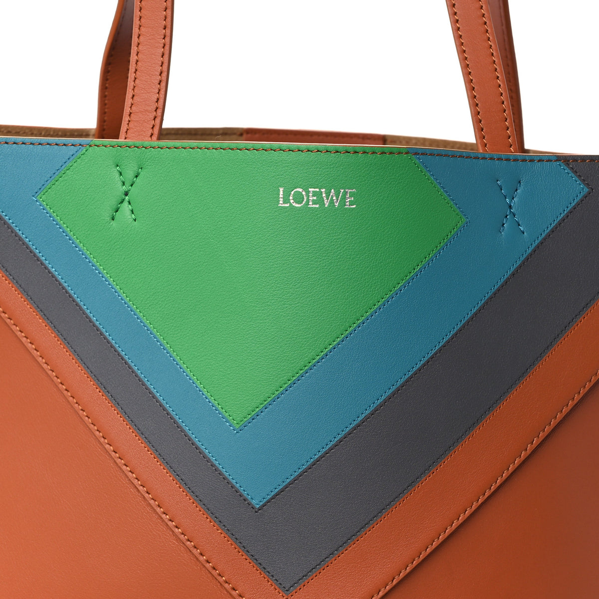 x Albers Calfskin Medium Puzzle Fold Tote Caramel Bright Green