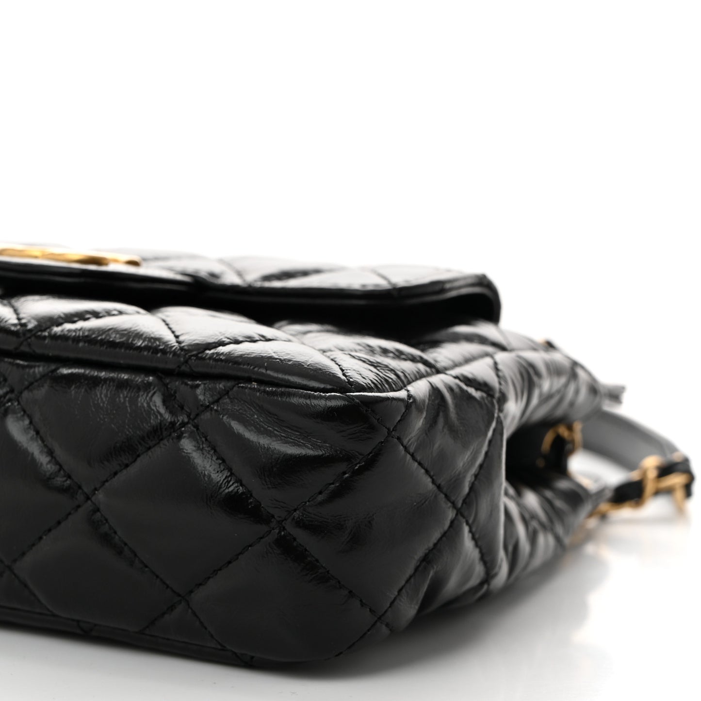 Shiny Crumpled Calfskin Quilted Small Wavy CC Hobo Black