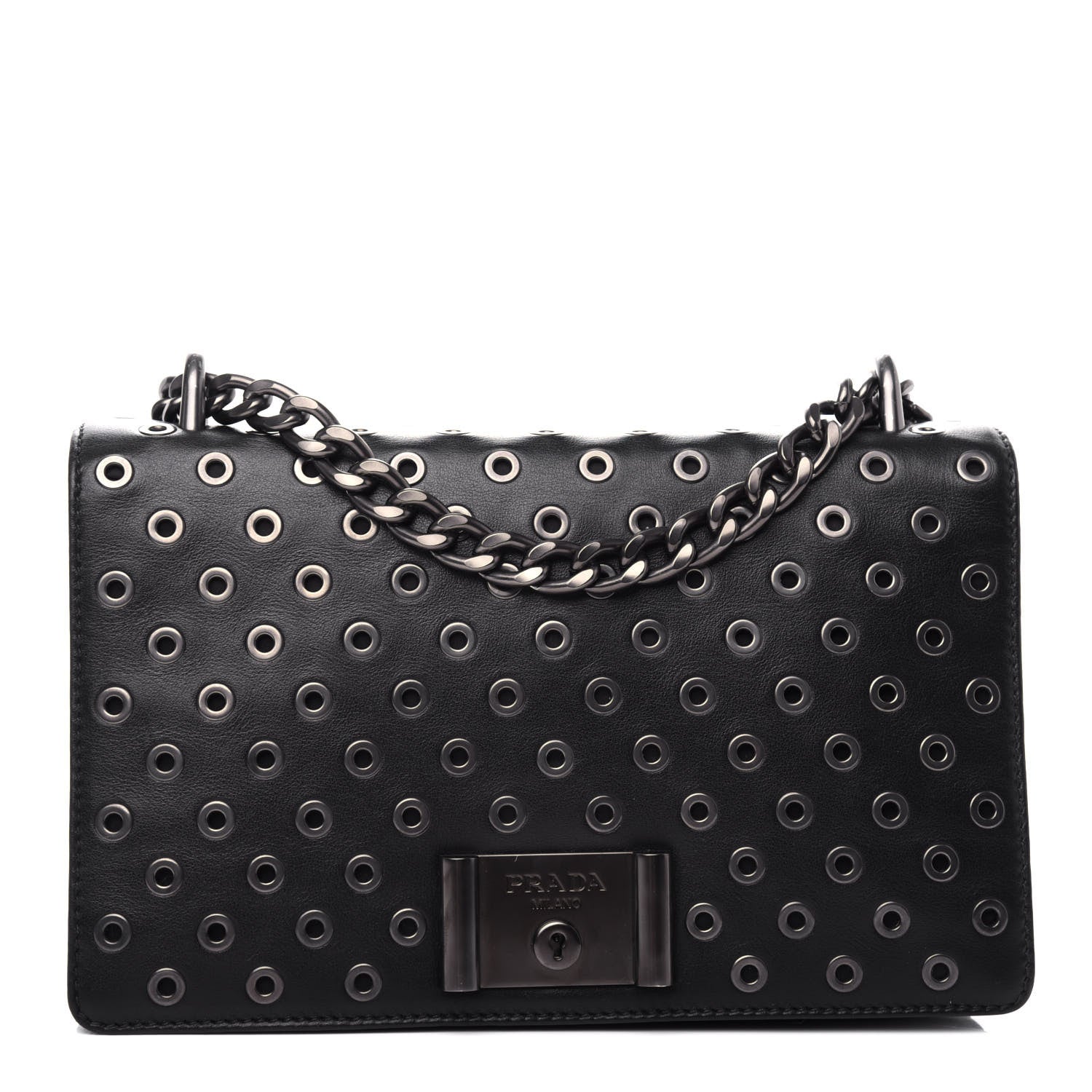 Prada Soft Calf Grommet Lock Flap Chain Shoulder Bag Black 1 of 9