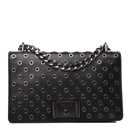 Prada Soft Calf Grommet Lock Flap Chain Shoulder Bag Black 1 of 9
