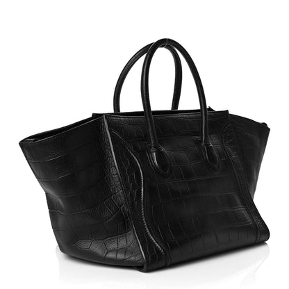 Celine Calfskin Crocodile Embossed Medium Phantom Luggage Black 3 of 11