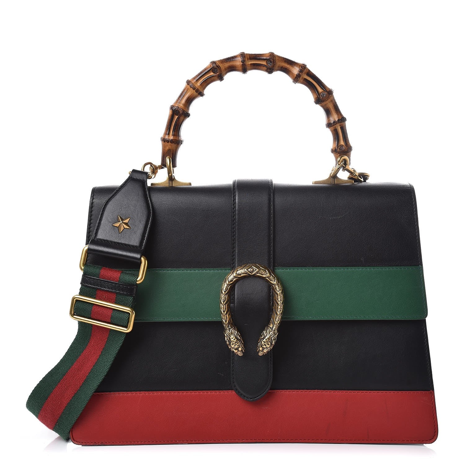 Gucci Calfskin Bamboo Web Large Dionysus Top Handle Bag Black Bright Evergreen Hibiscus Red 1 of 9