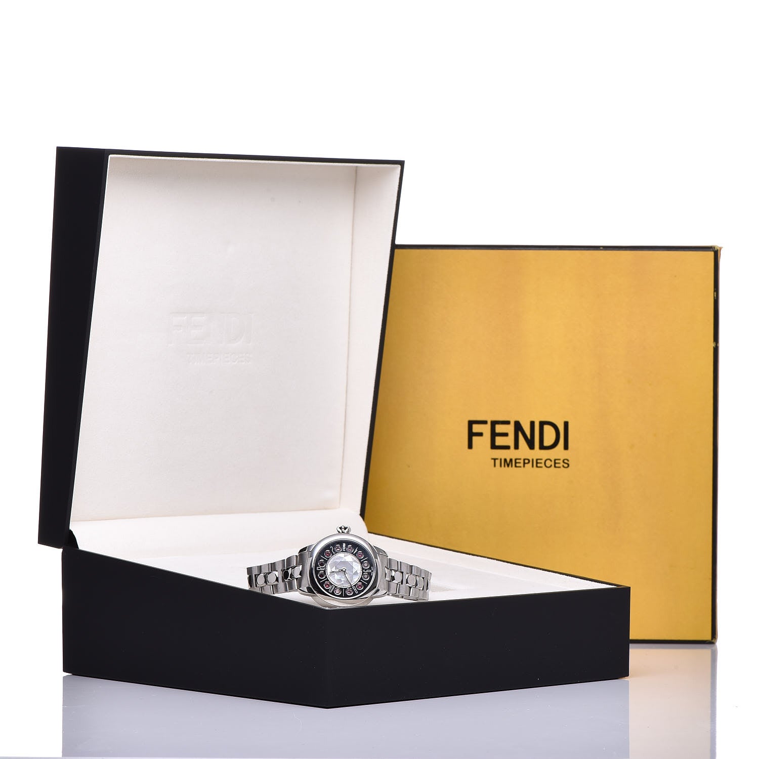 Fendi Stainless Steel Mother of Pearl Topaz Spinel 33mm Ishine Rotating Gem Quartz Watch Black 9 of 9
