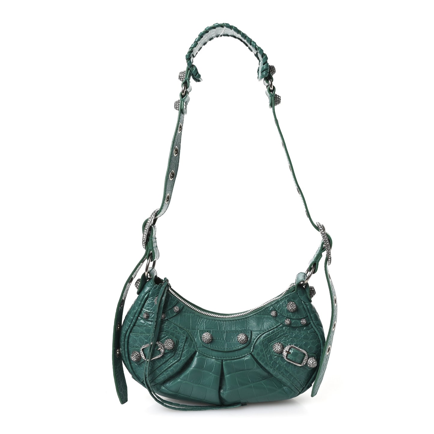 Extra Supple Calfskin Crystal Crocodile Embossed Le Cagole Shoulder Bag XS Jade