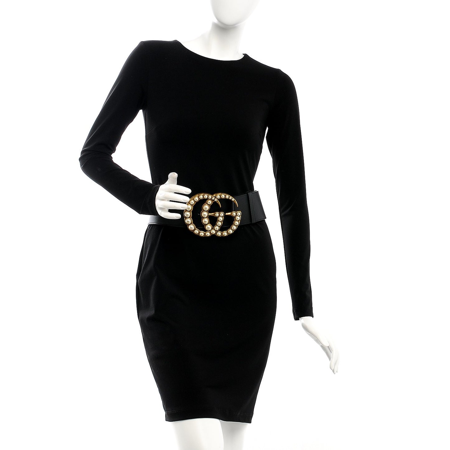 Moon Calfskin Pearl Double G 70mm Belt 80 32 Black Cream