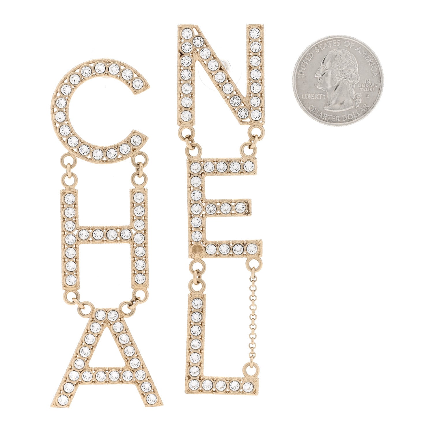 Chanel Crystal Cha-Nel Logo Drop Earrings Gold 2 of 5