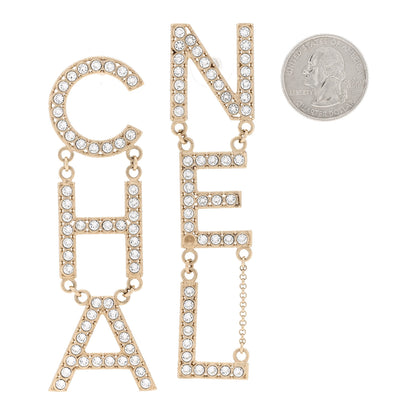 Chanel Crystal Cha-Nel Logo Drop Earrings Gold 2 of 5