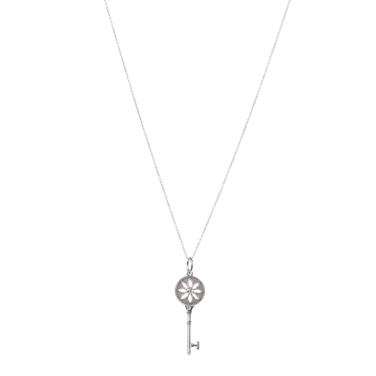 Tiffany Sterling Silver Diamond Small Daisy Key Pendant Necklace 1 of 6