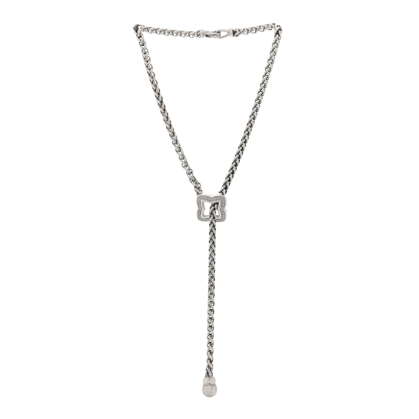 Sterling Silver Diamond Quatrefoil Lariat Wheat Chain Necklace