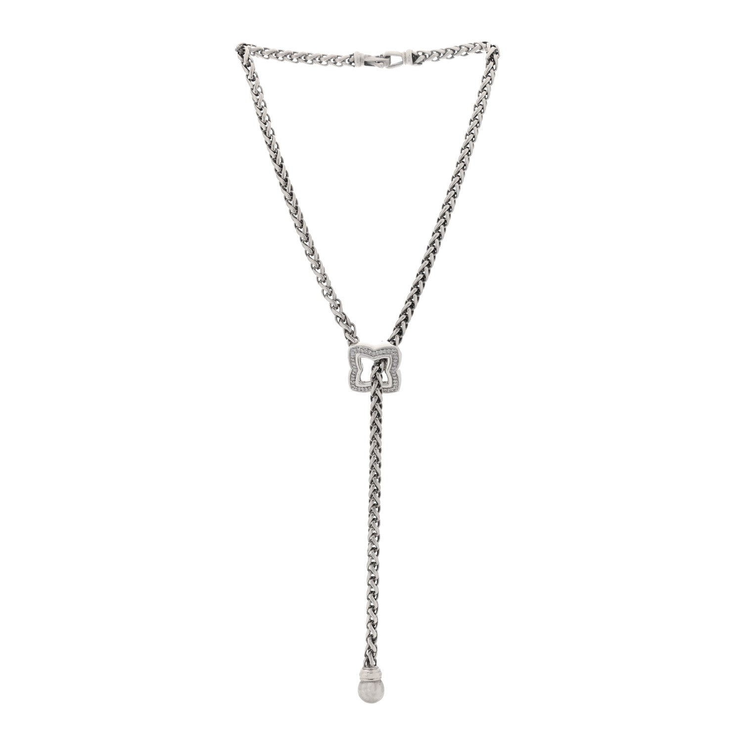 David Yurman Sterling Silver Diamond Quatrefoil Lariat Wheat Chain Necklace 3 of 5