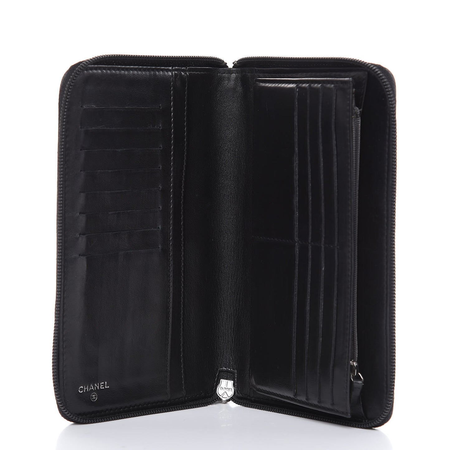 Lambskin Camellia Embossed Zip Around Organizer Wallet Black