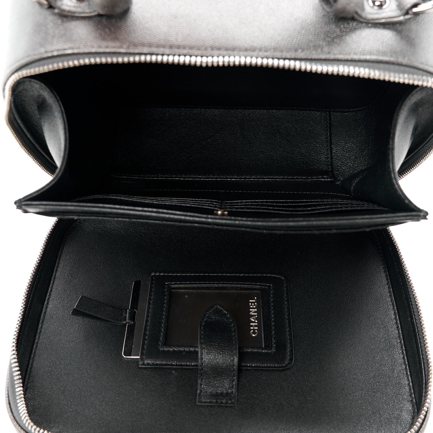 Metallic Caviar Quilted Medium CC Filigree Vanity Case Dark Silver