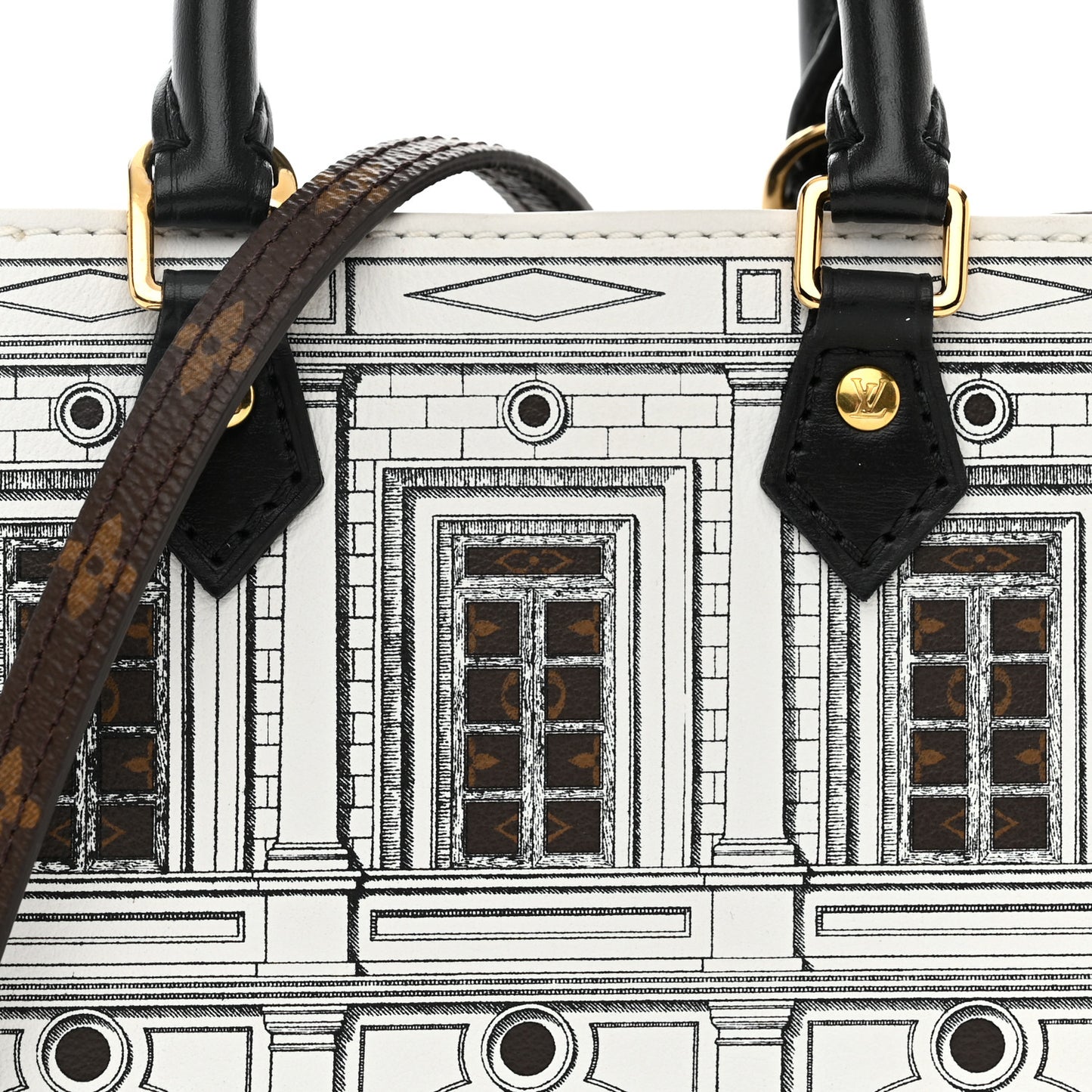 X FORNASETTI Calfskin Architettura Petit Sac Plat Black White