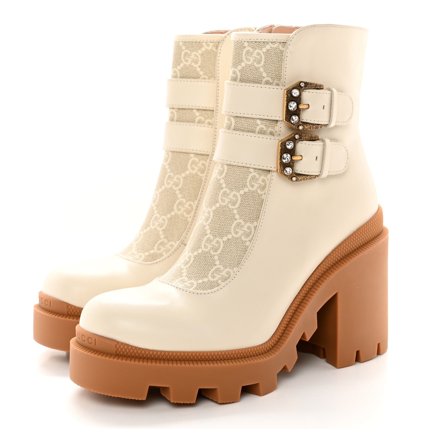 Gucci Kensington Calfskin Nappa GG Supreme Monogram Womens Double Buckle Ankle Boots 36.5 Mystic White Beige 3 of 16