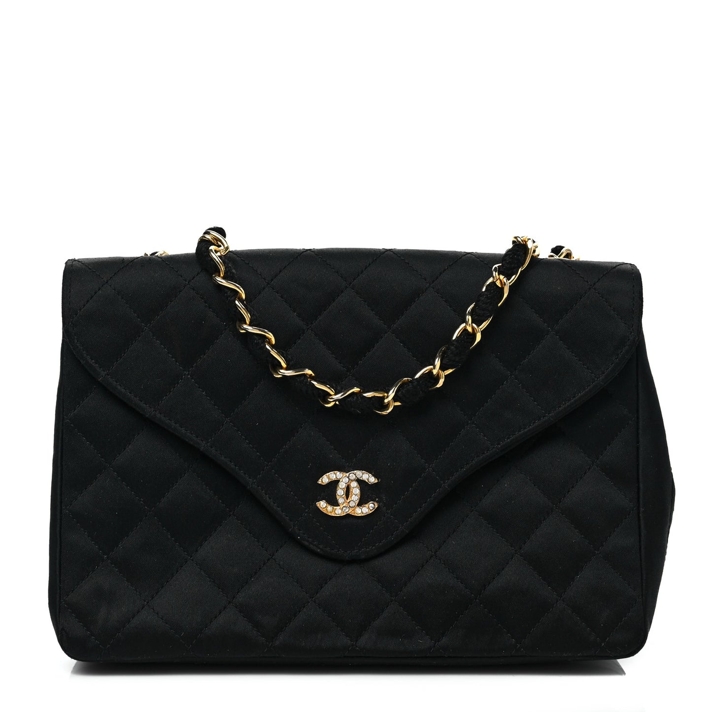 Satin Quilted Crystal Flap Black