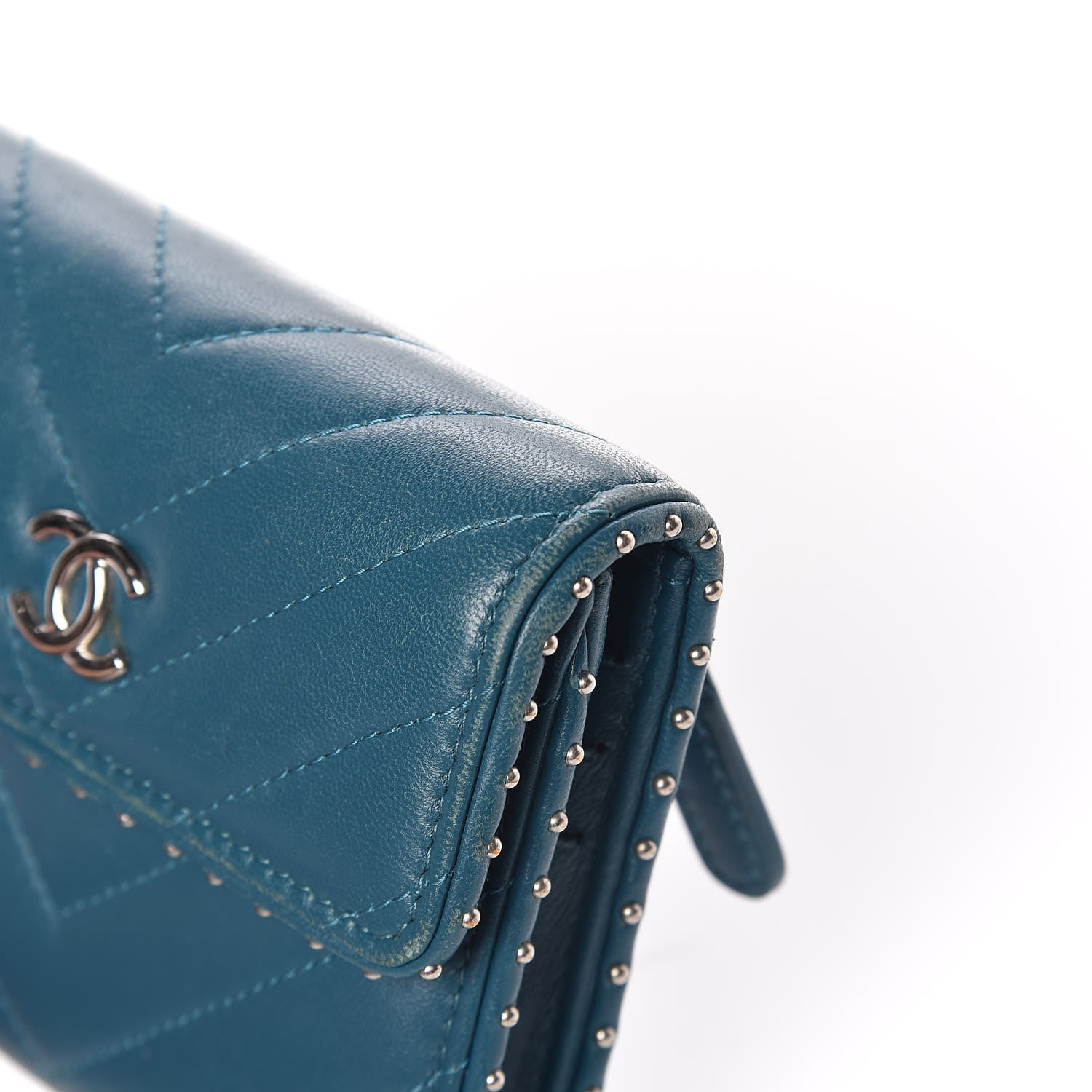 Chanel Lambskin Chevron Quilted Studded Compact Flap Wallet Blue 11 of 14