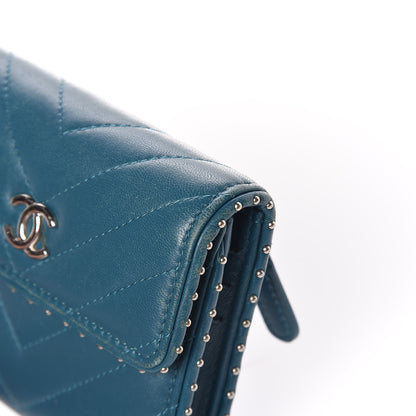 Chanel Lambskin Chevron Quilted Studded Compact Flap Wallet Blue 11 of 14