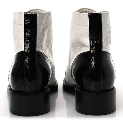 Chanel Distressed Patent Cap Toe Combat Boots 38 White Black 6 of 12
