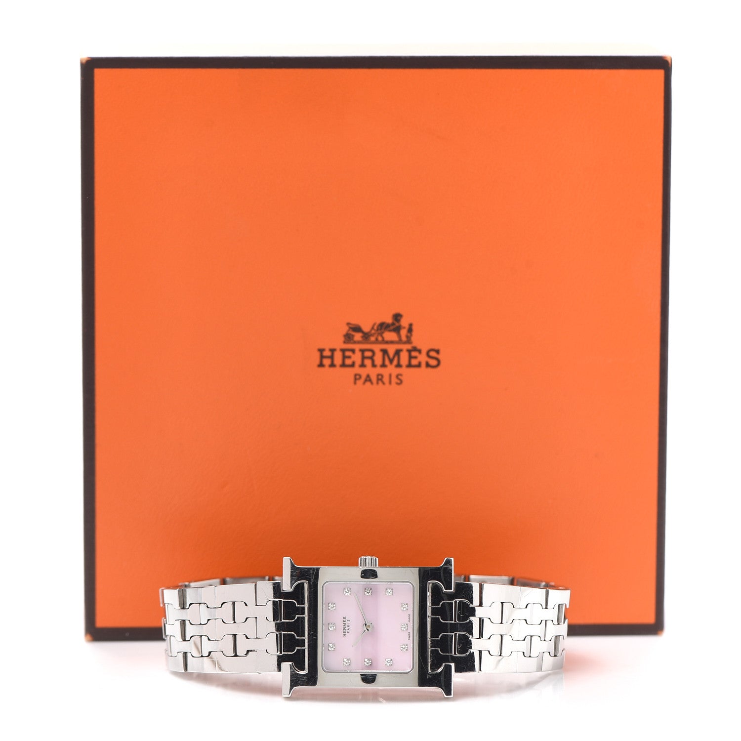 Hermes Stainless Steel Diamond Pink Mother of Pearl 21mm Heure H Hour Quartz Watch 6 of 6