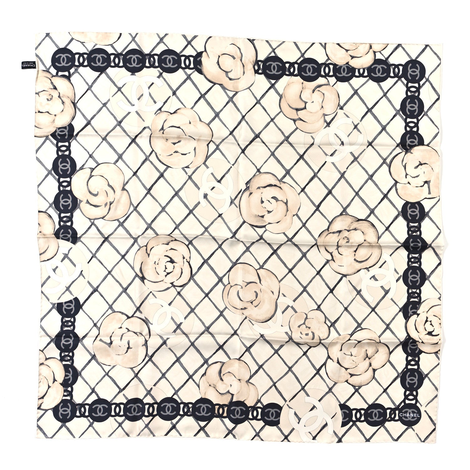 Chanel Silk CC Logo Camellia Scarf White Black 1 of 3